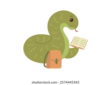 Cute green snake animal kawaii character in autumn, symbol 2025 year. Wild reptile with tongue, serpent. Cartoon hand drawn style for children. Vector illustration