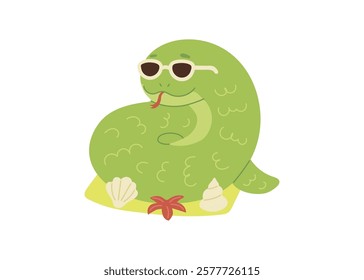 Cute green snake animal kawaii character in summer, symbol 2025 year. Wild reptile with tongue, serpent. Cartoon hand drawn style for children. Vector illustration