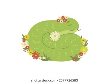 Cute green snake animal kawaii character in summer, symbol 2025 year. Wild reptile with tongue, serpent. Cartoon hand drawn style for children. Vector illustration