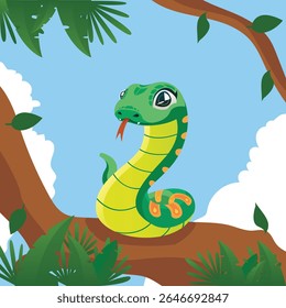 Cobra verde bonito com olhos brilhantes e uma expressão lúdica, descansando em um ramo em um cenário natural. Perfeito para a vida selvagem, répteis, natureza e conteúdo animal educacional.