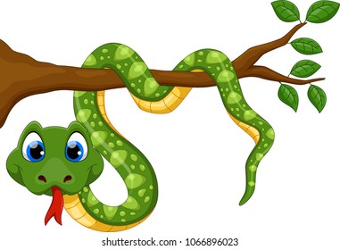 Cute green snake cartoon on branch 