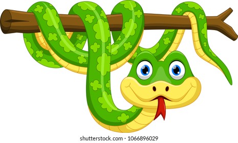 Cute green snake cartoon on branch 