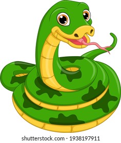 Cute green snake cartoon on white background