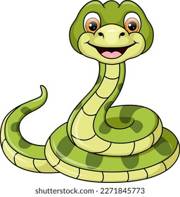 Cute green snake cartoon on white background