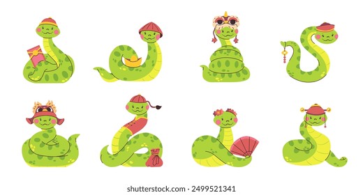 Cute green snake character collection, Chinese zodiac symbol with accessories, 2025 new year animal, vector illustration