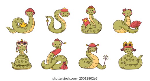 Cute green snake character collection, Chinese zodiac symbol with accessories, 2025 new year animal, vector illustration