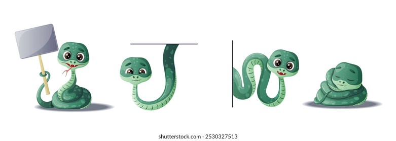 Carácter verde lindo de la serpiente comprometido en diverso sistema del Vector de la actividad. Ilustración vectorial