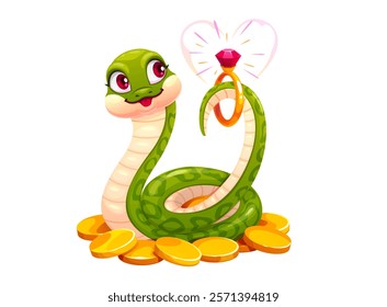 Cute green snake character with marriage wedding ring emitting pink love heart glow. Adorable cartoon vector reptile holding diamond engagement ring with its tail, surrounded by a pile of golden coins