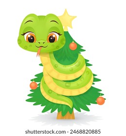 Cute green snake character with new year tree. Merry christmas and Happy new year 2025 invitation card.