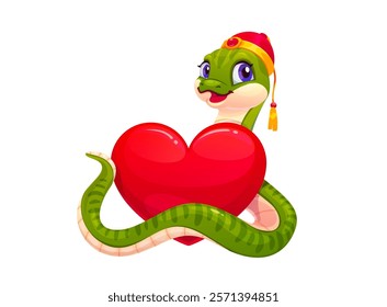 Cute green snake character with valentine day big heart. Cartoon vector reptile wearing traditional festive Chinese hat, wrapped around red glossy heart, conveys love and romantic cultural elegance