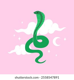 Cute green snake with clouds, moon and stars. Mystical and fantasy vector flat illustration of reptile in asian style. Zodiac symbol of lunar new year