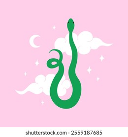 Cute green snake with clouds, moon and stars. Mystical and fantasy vector flat illustration of reptile in asian style. Zodiac symbol of lunar new year