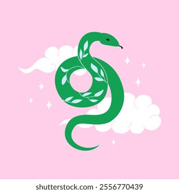 Cute green snake with clouds and stars. Mystical and fantasy vector flat illustration of reptile in asian style. Zodiac symbol of lunar new year