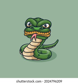 cute green snake coiled with tongue out, cartoon illustration style