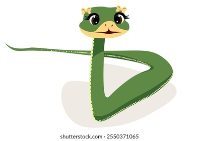 Cobra verde bonita. Réptil colorido. Símbolo de Ano Novo Chinês. Personagem de cobra engraçada isolado em fundo branco. Ilustração vetorial para cartão, adesivo, calendário.