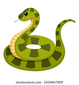 Cute green snake. Colorful suffocating reptile. Chinese New Year symbol. Funny snake character isolated on white background. Vector illustration for card, sticker, calendar.