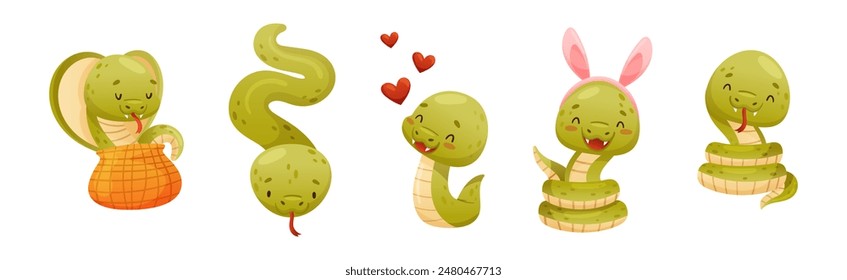 Cute Green Snake Funny Wild Baby Reptile Vector Set