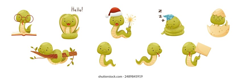 Cute Green Snake Funny Wild Baby Reptile Vector Set