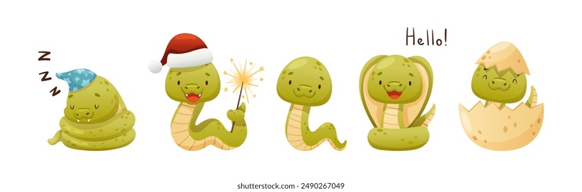 Cute Green Snake Funny Wild Baby Reptile Vector Set