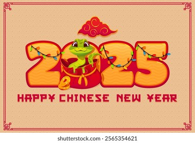 Cute green snake and happy Chinese lunar new year greeting card. Vector festive 2025 banner with funny zodiac reptile emerging from red pouch surrounded by golden coins, string lights and Asian motifs