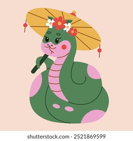 Cute green snake holding a parasol with flowers on its head in an oriental style. A bright, flat illustration perfect for themed prints, posters, or holiday designs.