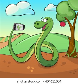 Cute green snake makes selfie.