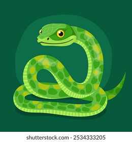 Cute green snake on a dark green background. New Year of the Snake, Lunar New Year or Chinese New Year. Animal zodiac cartoon character, mascot, symbol of the year. Illustration for greeting card.