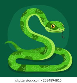 Cute green snake on a dark green background. New Year of the Snake, Lunar New Year or Chinese New Year. Animal zodiac cartoon character, mascot, symbol of the year. Illustration for greeting card.