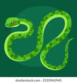 Cute green snake on a dark green background. New Year of the Snake, Lunar New Year or Chinese New Year. Animal zodiac cartoon character, mascot, symbol of the year. Illustration for greeting card.