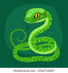 Cute green snake on a dark green background. New Year of the Snake, Lunar New Year or Chinese New Year. Animal zodiac cartoon character, mascot, symbol of the year. Illustration for greeting card.