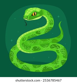 Cute green snake on a dark green background. New Year of the Snake, Lunar New Year or Chinese New Year. Animal zodiac cartoon character, mascot, symbol of the year. Illustration for greeting card.