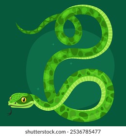 Cute green snake on a dark green background. New Year of the Snake, Lunar New Year or Chinese New Year. Animal zodiac cartoon character, mascot, symbol of the year. Illustration for greeting card.