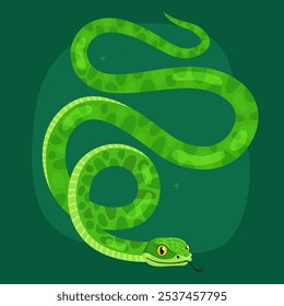 Cute green snake on a dark green background. New Year of the Snake, Lunar New Year or Chinese New Year. Animal zodiac cartoon character, mascot, symbol of the year. Illustration for greeting card.