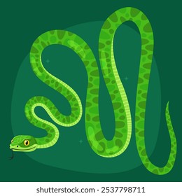 Cute green snake on a dark green background. New Year of the Snake, Lunar New Year or Chinese New Year. Animal zodiac cartoon character, mascot, symbol of the year. Illustration for greeting card.