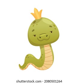Cute green snake princess in golden crown. Funny wild reptile baby animal cartoon vector illustration