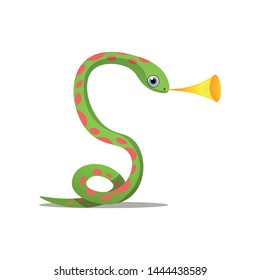 Cute green snake with red dots play at trumpet