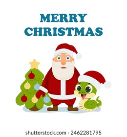 Cute green snake and Santa Claus and Christmas tree. flat vector illustration. Merry Christmas And New Year. snake Christmas poster