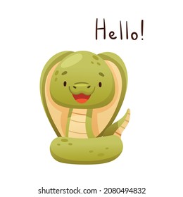 Cute green snake saying Hello. Funny wild reptile baby animal cartoon vector illustration