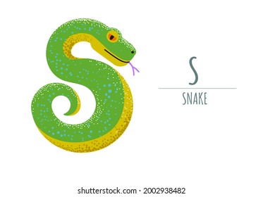 Cute green snake in the shape the letter    S 
children's alphabet  poster  postcard 