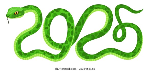 Cute green snake in the shape of the number 2025 isolated on a white background. New Year of the Snake, Lunar New Year or Chinese New Year. Zodiac animal cartoon character.