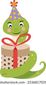 Cute green snake sitting with birthday gift
