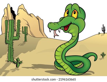 Cute Green Snake with Smile and Yellow Eyes - Colored Cartoon Illustration with Background, Vector