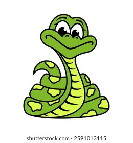 Cute green snake. Spotted cheerful python with long curled tail isolated on white background. Colored funny cartoon character with black outline. Animal theme, zoo. Childish vector illustration.