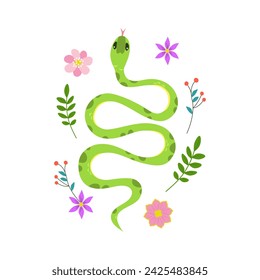 Cute green snake surrounded by spring flowers. Kawaii character in cartoon style top view. Illustration isolated on white background