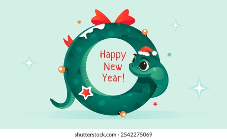 Cute green snake as a symbol of 2025 chinese new year. Christmas wreath. Vector greeting card for holiday. 