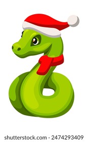 Cute green snake wearing Santa hat