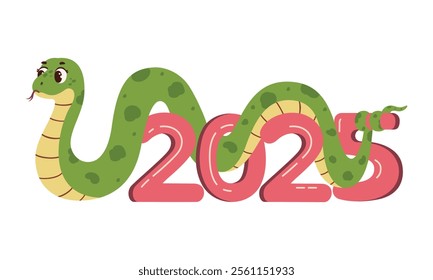 Cute green snake wrapped around the number 2025. Vector illustration for the Chinese zodiac, New Year celebration, or holiday-themed designs.