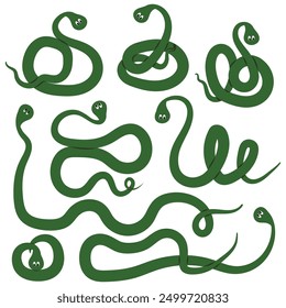 Cute Green Snakes on White. Symbol of 2025 Chinese Zodiac. Clip art, sticker set