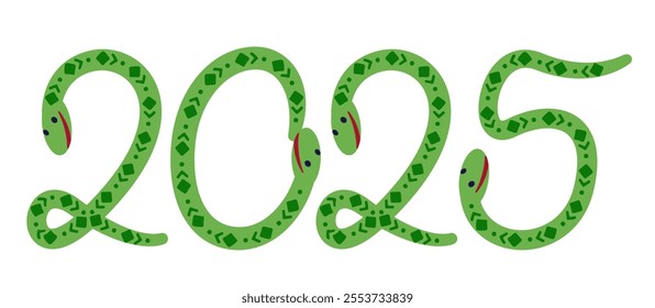 Cute green snakes in shape of numbers 2025 smiling, new year sign.