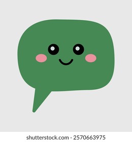 A cute green speech bubble vector illustration with a smiling face, round eyes, and pink cheeks. Simple and playful design, perfect for communication or children's theme